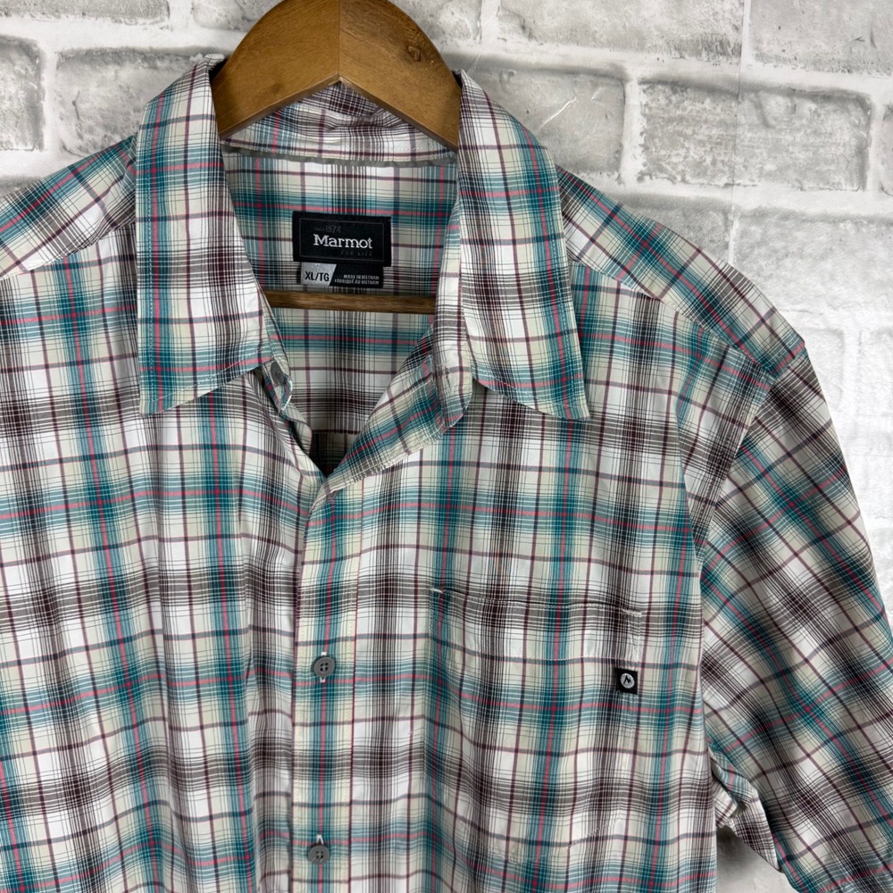 Marmot Mens XL Short Sleeve Plaid Button Down Hiking Shirt Teal Burgundy Nylon